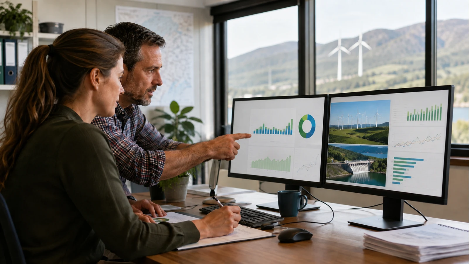 Renewable-energy asset managers reviewing a recurring portfolio report.