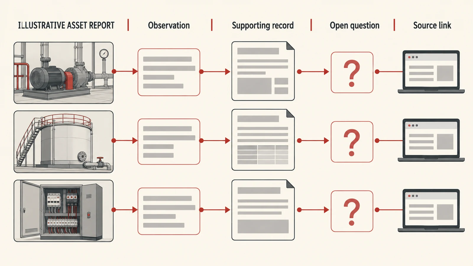 Illustrative asset report with evidence links beside operational statements.