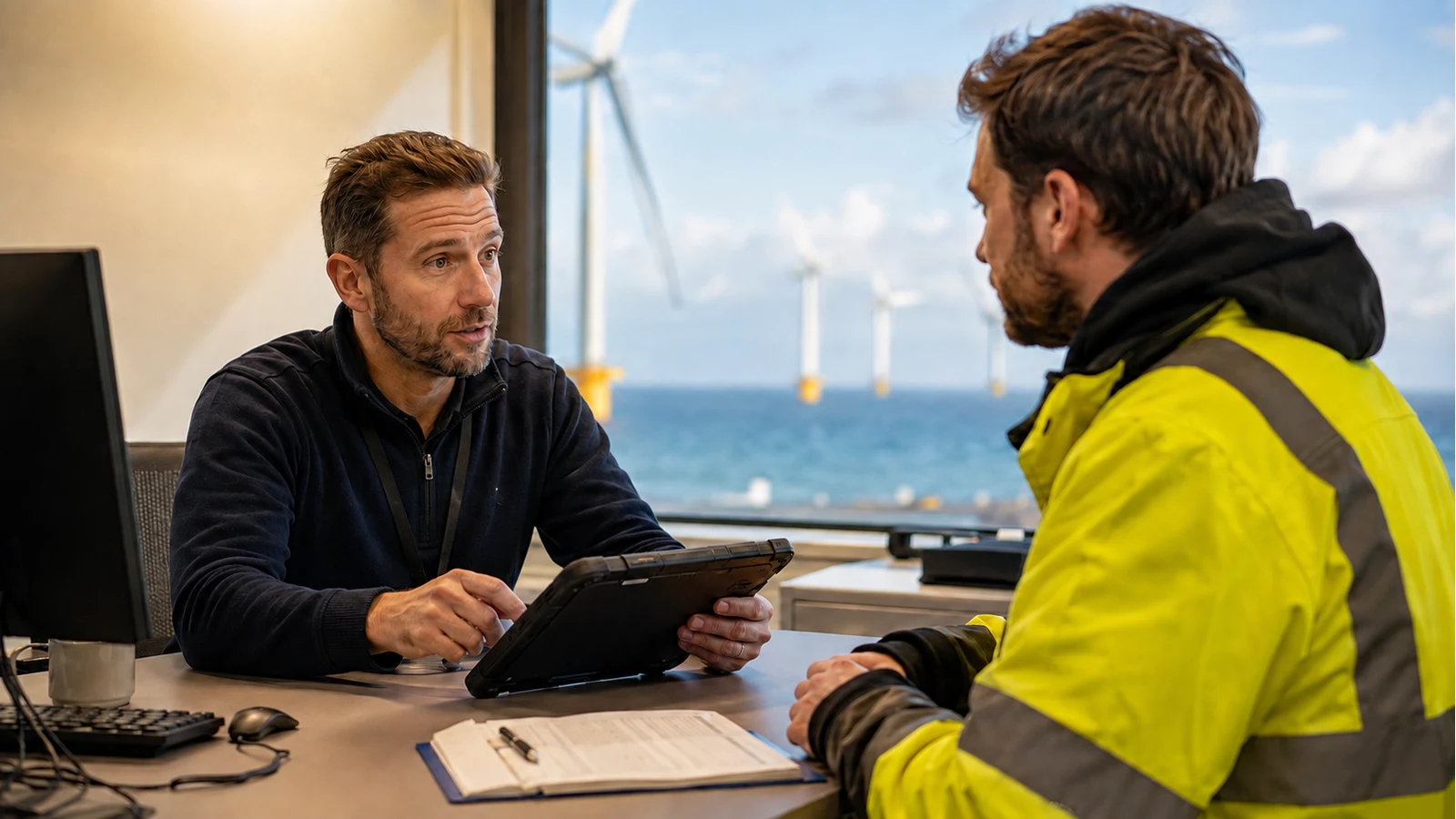 Wind service contractor receiving a device and account access briefing.