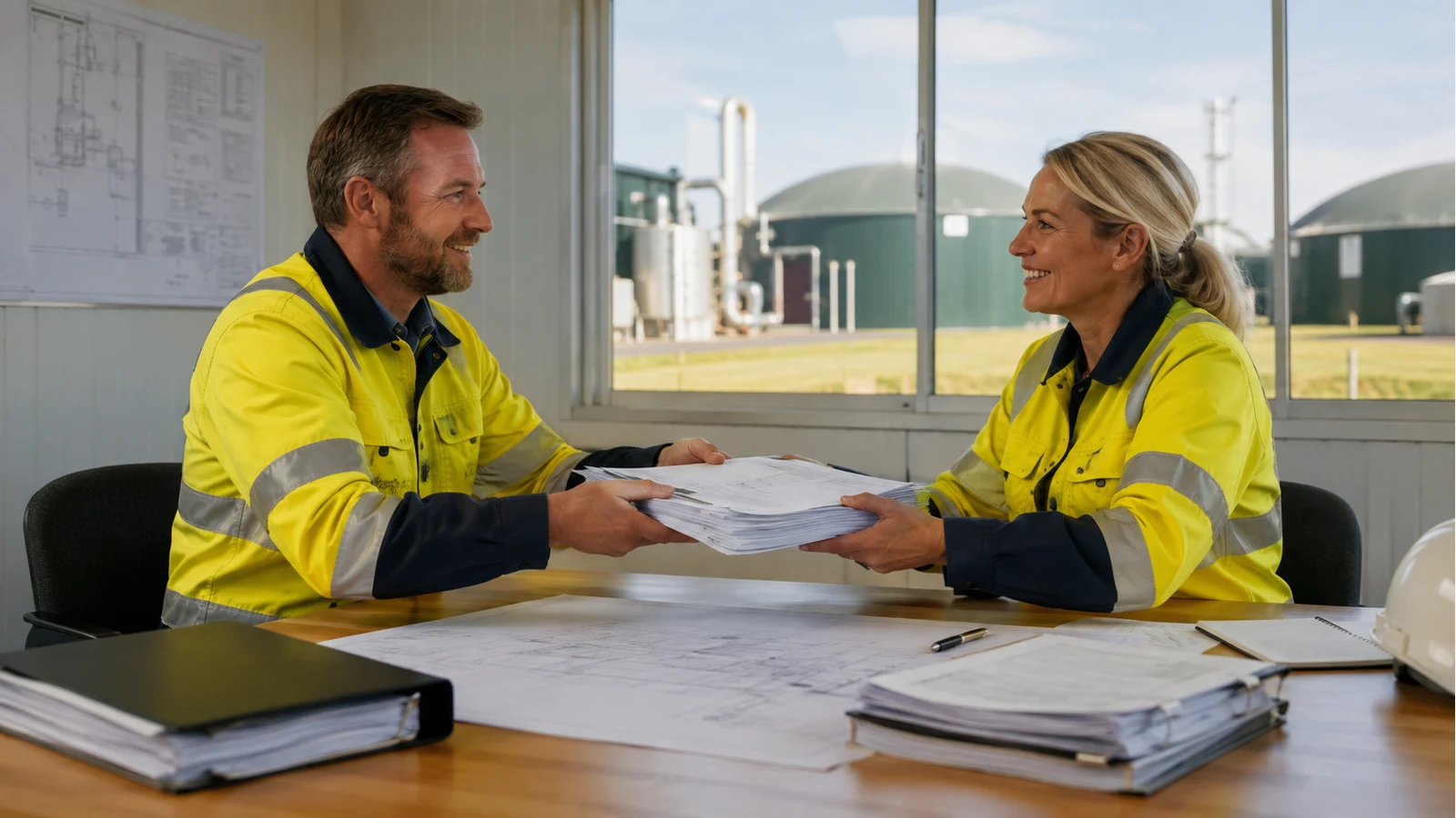 Biogas project and operations teams reviewing a project handover pack.
