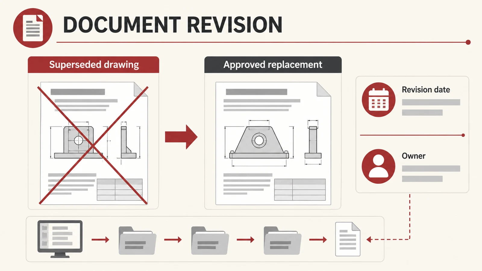Revision control distinguishing an approved drawing from an older version.