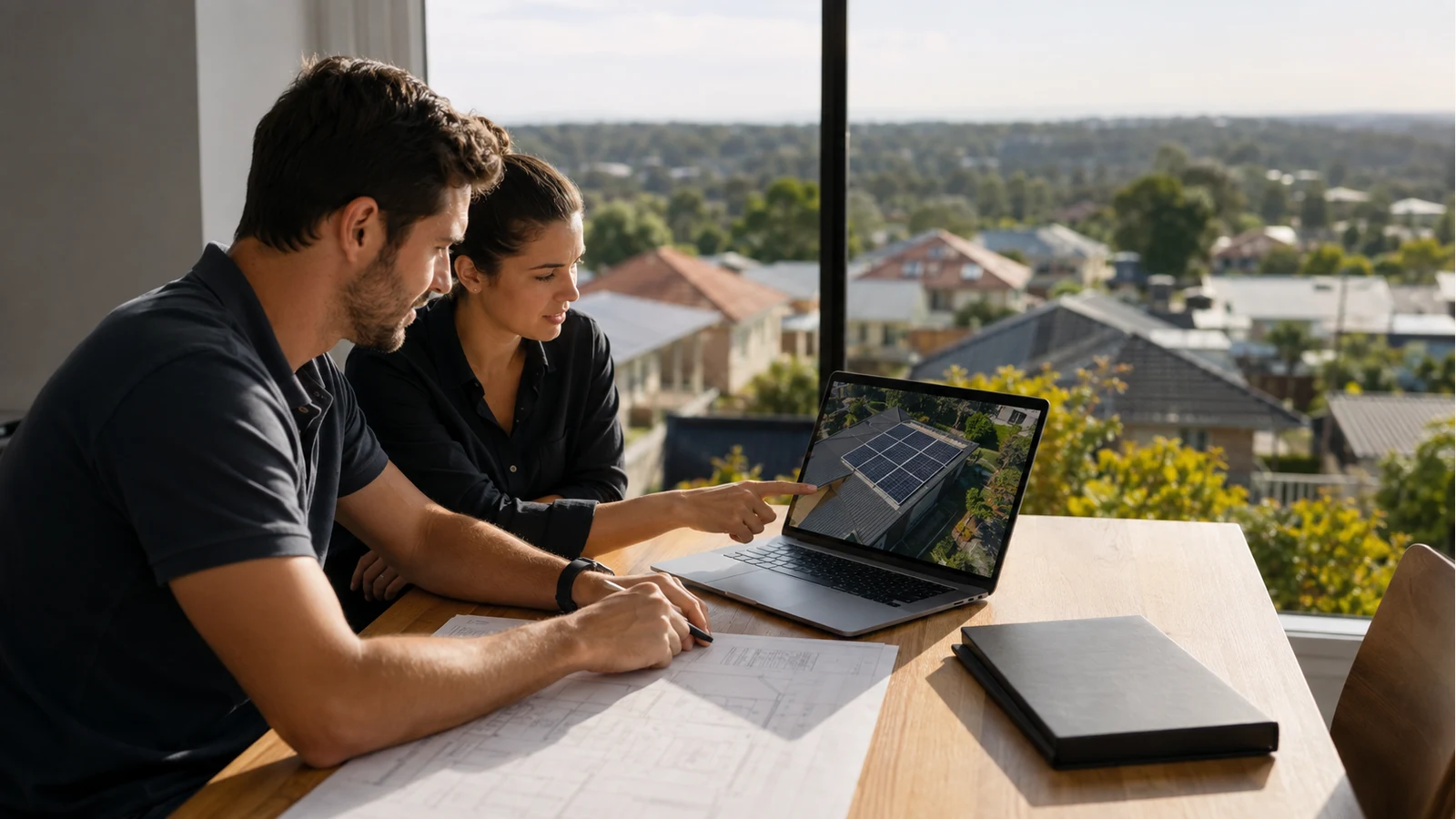 Solar sales colleagues reviewing a rooftop installation proposal.