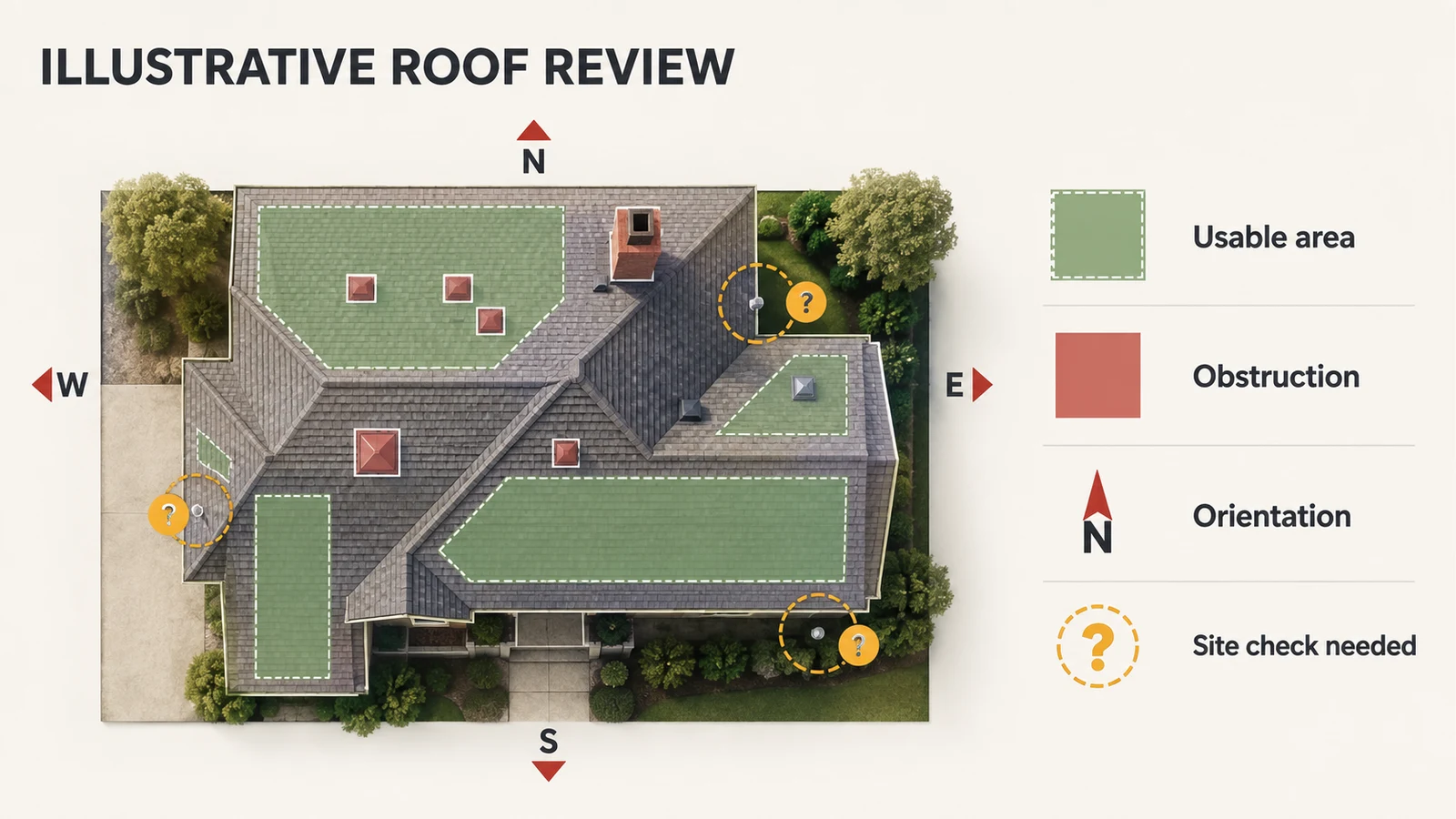 Illustrative roof assessment showing obstructions and areas needing verification.