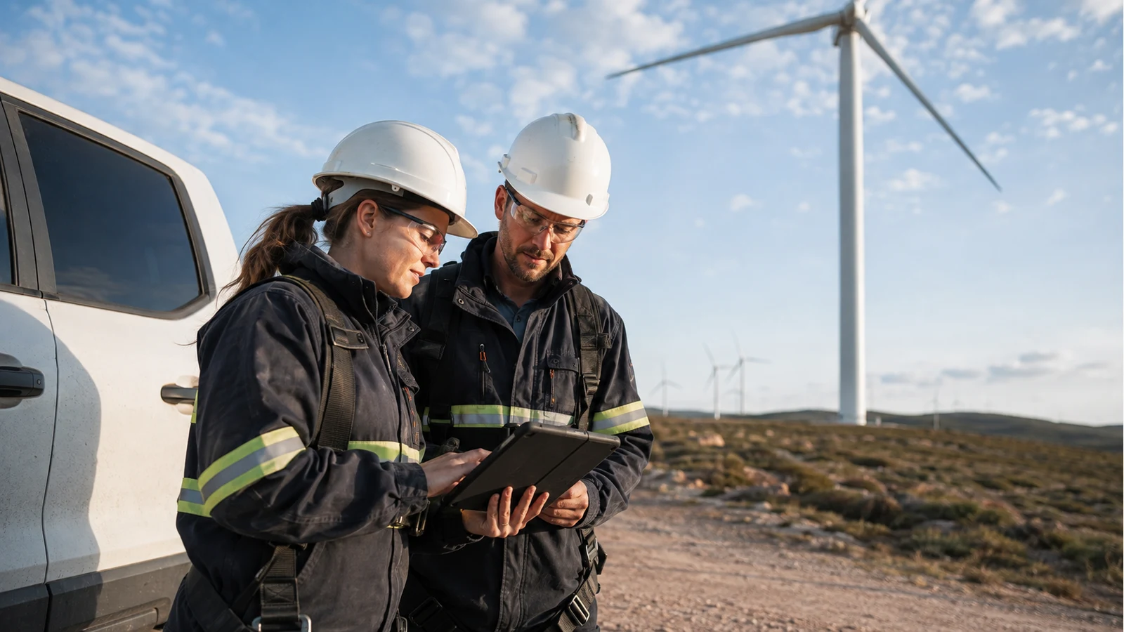 Wind technicians recording field observations beside a service vehicle.