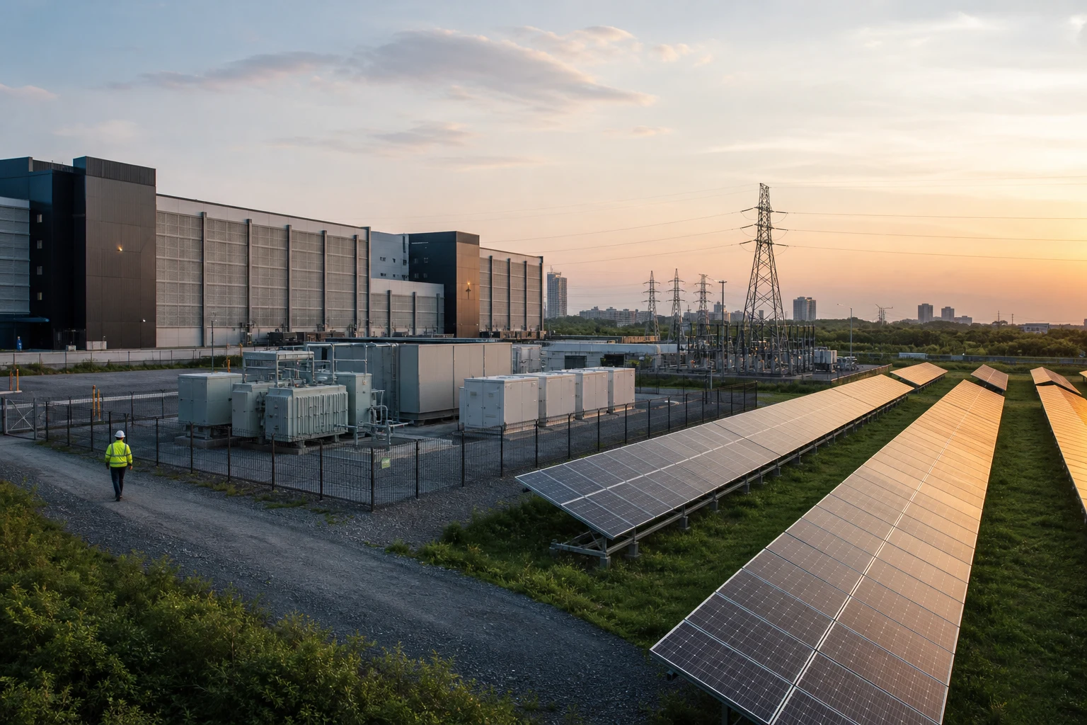 Solar fields, battery storage, transmission lines, and a data centre connected in a global energy landscape