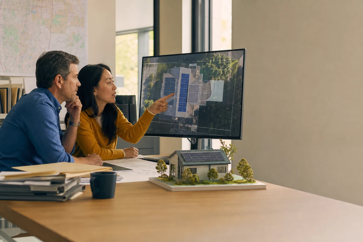 California solar permitting team reviewing a residential plan and an automated checklist on screen