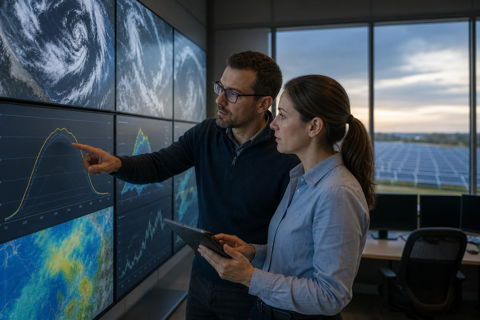 Energy analyst comparing satellite cloud movement with live solar production data on a monitoring wall