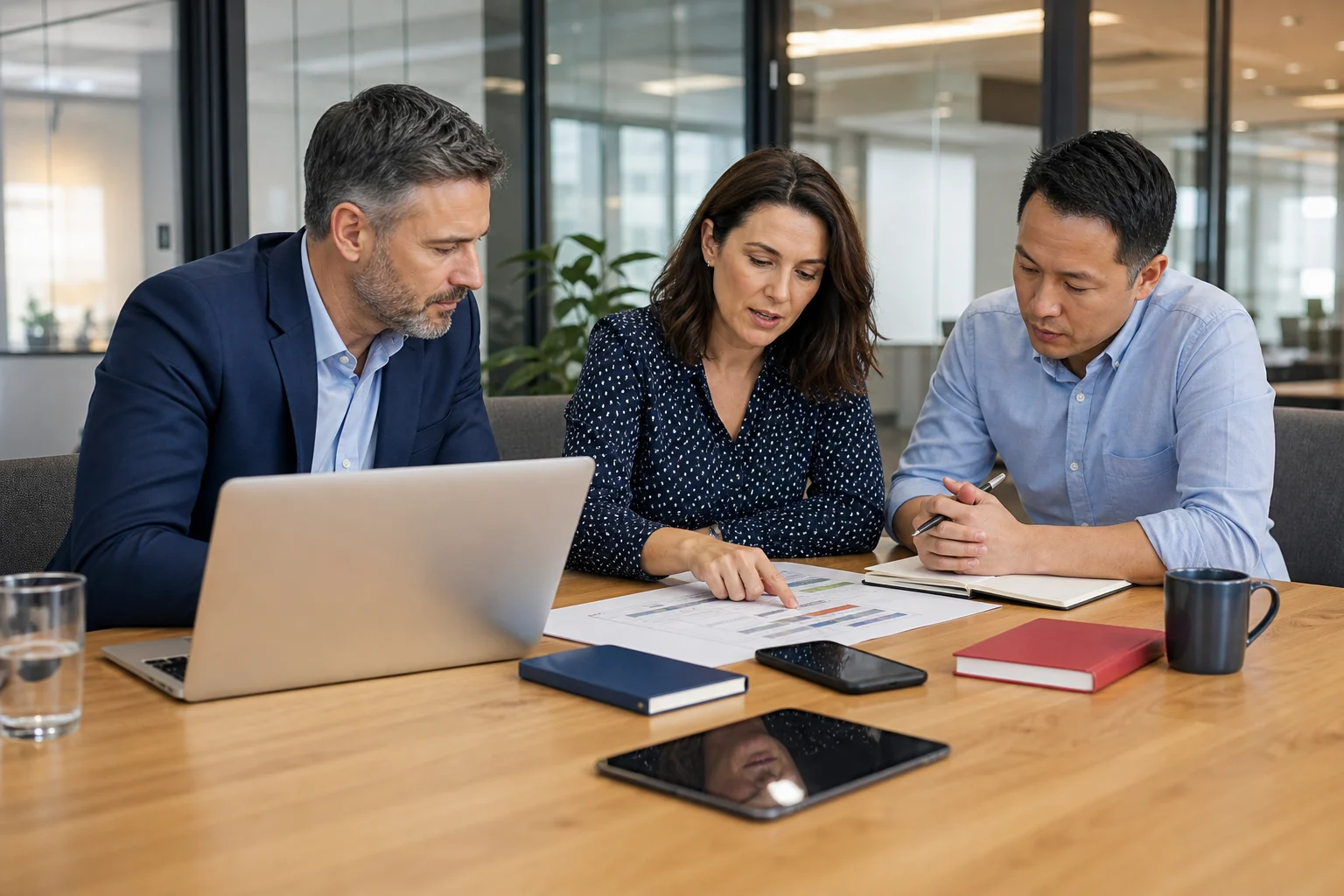 Business and technology advisers reviewing evidence and responsibilities around a table