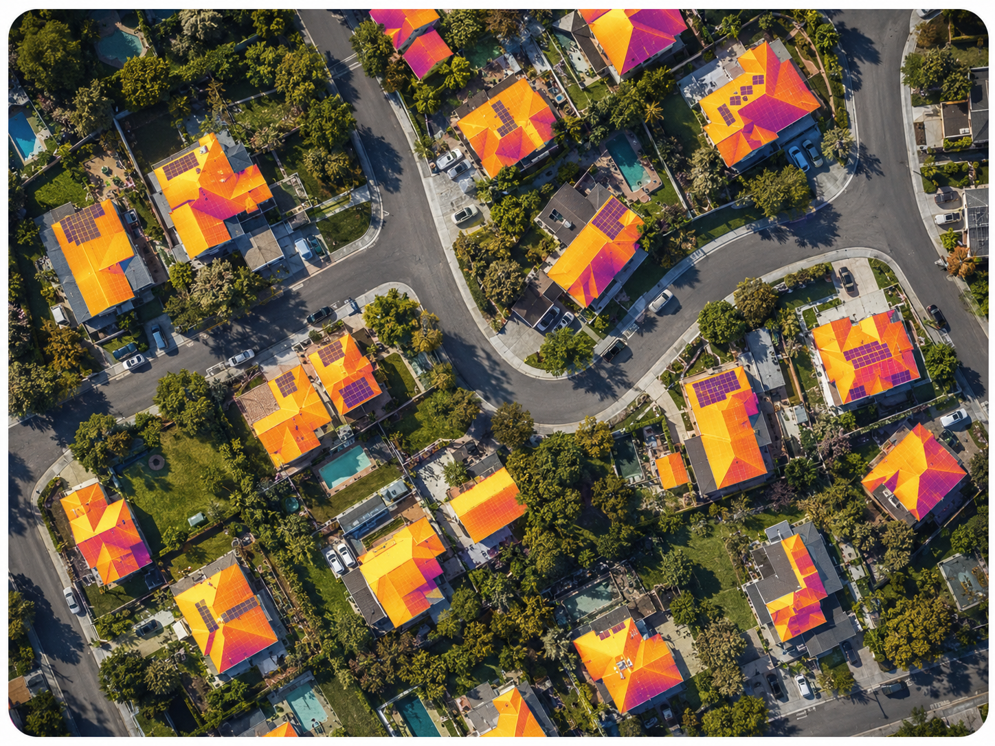 Neighbourhood solar potential map with roof heat overlays and suggested panel placements