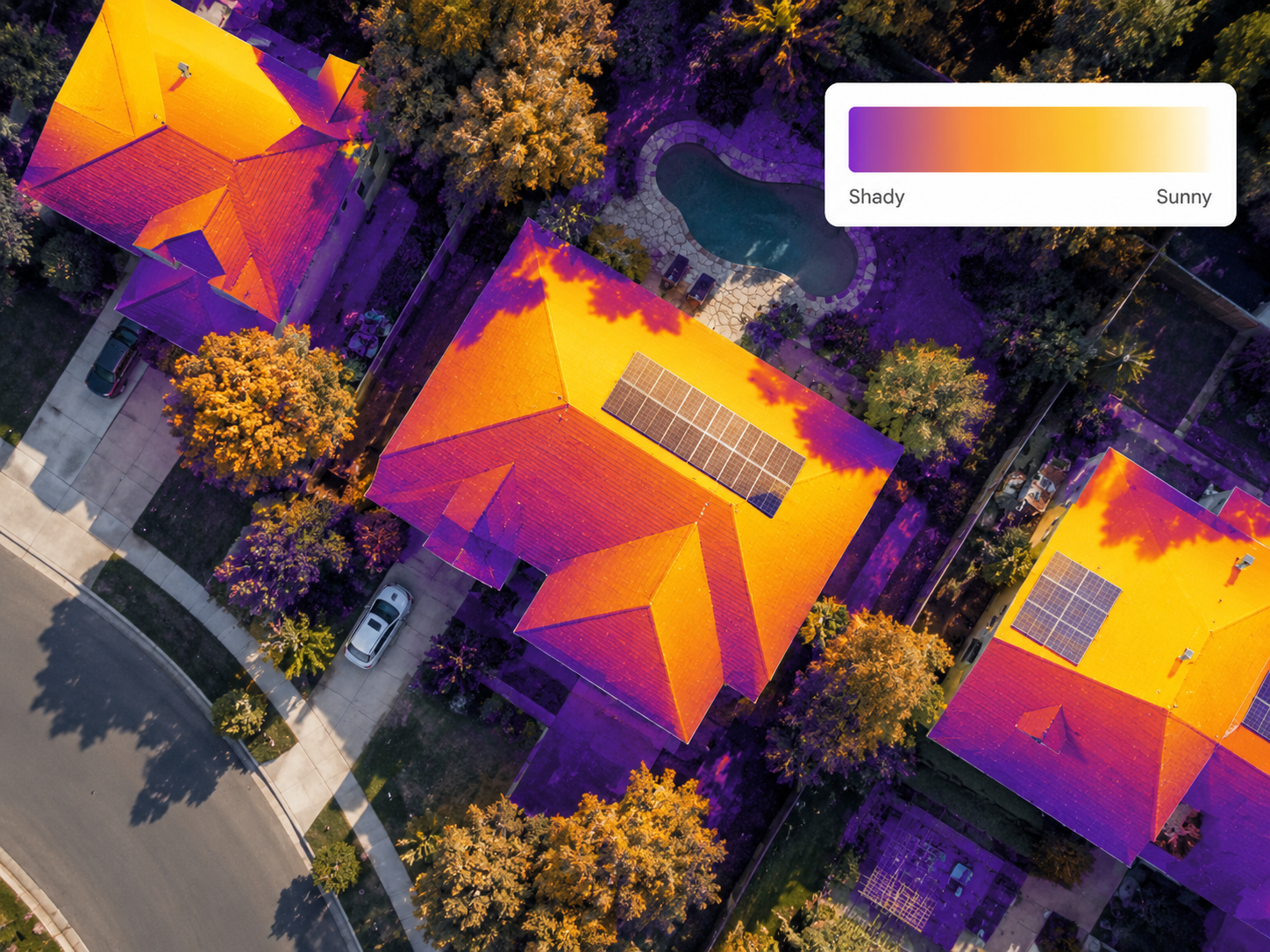 Solar shading map with a roof heat overlay and sunny-to-shady scale